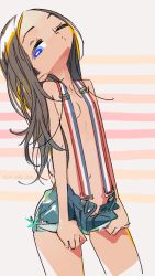 Rule 34 | 1girl, amiami, blue eyes, breasts, dated, female focus, head tilt, highres, long hair, messy hair, one eye closed, open fly, original, photo-referenced, short shorts, shorts, small breasts, solo, suspenders, topless, unbuttoned