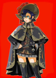 Rule 34 | 1girl, alternate costume, bad id, bad pixiv id, black hair, blue eyes, blue hair, boots, buckle, cape, capelet, hat, hat ribbon, highres, kiwo, long sleeves, matching hair/eyes, no legwear, princess sapphire, puffy sleeves, red background, ribbon, ribbon no kishi, simple background, solo, striped, thigh boots, thighhighs