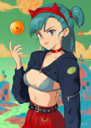 1girl alternate_costume alternate_hairstyle animal_ear_hairband animal_ears aqua_hair aqua_nails belt bikini bikini_top_only bikini_under_clothes black_belt blue_bikini breasts bulma cat_ear_hairband cat_ears choker cleavage collarbone cropped_jacket dragon_ball earrings fake_animal_ears hair_bobbles hair_ornament hairband jewelry midriff o-ring outdoors red_choker red_hairband red_skirt skirt smug solo swimsuit urumi_(urumi00)