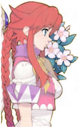 Rule 34 | 1girl, absurdres, blue eyes, braid, flower, highres, official art, profile, rebecca streisand, red hair, sasaki tomomi, scan, scan artifacts, solo, twin braids, white background, wild arms, wild arms 5