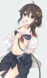 Rule 34 | 10s, 1girl, adapted costume, bikini, black bikini, black hair, blue eyes, braid, dutch angle, front-tie top, hair flaps, hair over shoulder, highres, hose, jacket, kantai collection, looking at viewer, neko ame, open clothes, open jacket, open mouth, sarong, shigure (kancolle), shigure kai ni (kancolle), simple background, single braid, solo, swimsuit, water, white background, white jacket