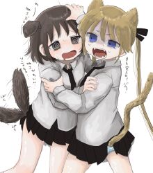 Rule 34 | 2girls, @ @, afterimage, animal ears, black necktie, black ribbon, black skirt, blonde hair, blue eyes, blue panties, blush, brown eyes, brown hair, cat ears, cat girl, cat tail, clothes lift, collared shirt, commentary request, cowboy shot, dog ears, dog girl, drooling, fangs, furrowed brow, hair ribbon, hand on another&#039;s head, highres, holding another&#039;s arm, kemonomimi mode, kill me baby, lifted by tail, long hair, looking at another, miniskirt, mouth drool, multiple girls, necktie, nervous, nervous sweating, nose blush, open mouth, oribe yasuna, panties, pleated skirt, pushing away, ribbon, shaded face, shirt, short eyebrows, short hair, simple background, skirt, skirt lift, smile, sonya (kill me baby), striped, striped panties, struggling, sweat, tail, tail raised, tail wagging, translation request, turn pale, twintails, underwear, white background, white shirt, yasashii naizou