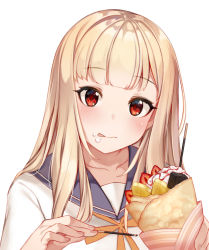 Rule 34 | 1girl, 3:, :q, bad id, bad pixiv id, banana, blonde hair, blush, closed mouth, cream, cream on face, crepe, food, food on face, fruit, holding, holding food, hoshi usagi, long hair, looking at viewer, original, pocky, red eyes, sailor collar, school uniform, serafuku, simple background, solo, strawberry, tongue, tongue out, upper body, whipped cream, white background