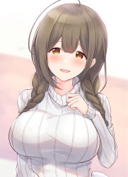 Rule 34 | 1girl, ahoge, braid, breasts, brown eyes, brown hair, commentary request, highres, idolmaster, idolmaster shiny colors, kuwayama chiyuki, large breasts, long hair, long sleeves, looking at viewer, open mouth, ribbed sweater, shionootsu, smile, solo, sweater, turtleneck, turtleneck sweater, twin braids, upper body, white sweater