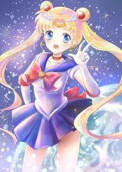 Rule 34 | 1990s (style), 1girl, absurdres, bishoujo senshi sailor moon, bishoujo senshi sailor moon r, blonde hair, blue eyes, blue sailor collar, blue skirt, bow, brooch, choker, double bun, earrings, elbow gloves, gloves, hair bun, hair ornament, hairpin, hand on own hip, highres, jewelry, kashiwagi chisame, long hair, magical girl, planet, red bow, retro artstyle, ribbon, sailor collar, sailor moon, skirt, smile, solo, tiara, tsukino usagi, twintails, v, white gloves