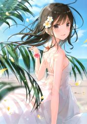 Rule 34 | 1girl, absurdres, bare arms, bare shoulders, beach, blue sky, blurry, breasts, brown eyes, brown hair, cloud, day, depth of field, dress, floating hair, flower, flower bracelet, from side, fuumi (radial engine), hair flower, hair ornament, highres, horizon, long hair, looking at viewer, looking to the side, medium breasts, ocean, original, outdoors, palm leaf, parted lips, petals, scan, shoulder blades, sky, sleeveless, sleeveless dress, smile, solo, standing, sunlight, white dress, white flower