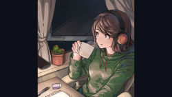 Rule 34 | 1girl, brown hair, cactus, chair, cup, holding, holding cup, hood, hoodie, indoors, original, oshiri seijin, plant, potted plant, short hair, sitting, solo, upper body