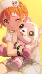Rule 34 | 1girl, ;), absurdres, bandages, bang dream!, blush, brown eyes, buttons, character name, cheek press, closed mouth, commentary, cowboy shot, dated, dress, earrings, gradient background, hair between eyes, hands up, happy birthday, hat, highres, hugging doll, hugging object, jewelry, kitazawa hagumi, looking at viewer, michelle (bang dream!), nobusawa osamu, nurse, nurse cap, one eye closed, orange hair, pill earrings, pocket, safety pin, short dress, short hair, short sleeves, sitting, smile, solo, stuffed animal, stuffed toy, teddy bear, white dress, white hat, wristband, yellow background