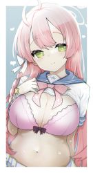 Rule 34 | 1girl, ahoge, arm at side, blue archive, blush, bra, breasts, cleavage, closed mouth, clothes lift, green eyes, halo, hanako (blue archive), heart, heart-shaped pupils, izuoku, large breasts, lifted by self, long hair, looking at viewer, navel, pink bra, pink hair, sailor collar, shirt lift, smile, solo, sweat, symbol-shaped pupils, underwear, upper body