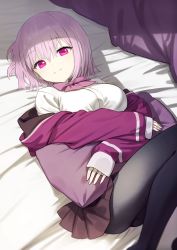 Rule 34 | 1girl, bed sheet, black footwear, black pantyhose, bow, brown skirt, closed mouth, fingernails, gridman universe, hair between eyes, highres, light purple hair, looking at viewer, lying, medium hair, hugging object, on back, pantyhose, pillow, pillow hug, purple bow, purple eyes, purple hair, shinjou akane, skirt, sleeves past wrists, smile, solo, ssss.gridman, wasabi60