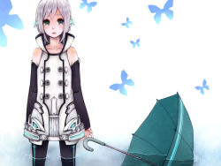 Rule 34 | 1boy, androgynous, bad id, bad pixiv id, black pantyhose, bug, butterfly, coat, detached sleeves, earphones, green eyes, grey hair, insect, male focus, open mouth, pantyhose, petarou, solo, tears, umbrella, utatane piko, vocaloid, water, white background, white hair