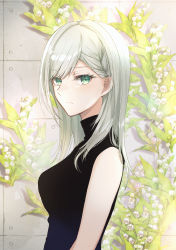 Rule 34 | 1girl, absurdres, black sweater, from side, green eyes, grey hair, highres, hinomori shiho, long hair, looking at viewer, mairu003, project sekai, sleeveless, sleeveless sweater, solo, sweater, swept bangs, turtleneck, turtleneck sweater, upper body