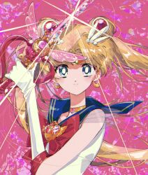 Rule 34 | 1girl, bishoujo senshi sailor moon, blonde hair, blue eyes, blue sailor collar, bow, bowtie, brooch, crescent, crescent earrings, double bun, earrings, elbow gloves, gem, gloves, gold choker, hair bun, hair ornament, highres, holding, holding wand, jewelry, long hair, looking at viewer, magical girl, parted bangs, pink background, pochi (askas is god), red bow, red bowtie, sailor collar, sailor moon, sailor senshi uniform, see-through, see-through sleeves, shirt, short sleeves, solo, tsukino usagi, twintails, upper body, wand, white gloves, white shirt