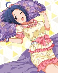 Rule 34 | 1girl, ahoge, blue hair, card (medium), frills, idolmaster, idolmaster million live!, idolmaster million live! theater days, miura azusa, official art, one eye closed, open mouth, pillow, red eyes, short shorts, shorts