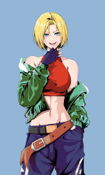 Rule 34 | 1girl, absurdres, baggy pants, bare shoulders, belt, belt skirt, black872233196, blonde hair, blue eyes, blue mary, bob cut, breasts, crop top, fatal fury, fingerless gloves, gloves, halterneck, highres, large breasts, looking at viewer, loose belt, midriff, multiple belts, navel, pants, parted hair, shirt, short hair, simple background, sleeveless, sleeveless turtleneck, smile, snk, solo, straight hair, the king of fighters, tight top, turtleneck