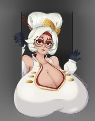 Rule 34 | 1girl, breasts, cleavage, female focus, gigantic breasts, glasses, gloves, highres, looking at viewer, nintendo, parted lips, purah, red eyes, short hair, solo, the legend of zelda, the legend of zelda: tears of the kingdom, theomegagod, upper body, white hair