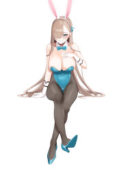 Rule 34 | 1girl, absurdres, animal ears, asuna (blue archive), asuna (bunny) (blue archive), blue archive, blue bow, blue bowtie, blue leotard, bow, bowtie, breasts, detached collar, fake animal ears, gdd (vkejr702), gloves, hair over one eye, halo, highleg, highleg leotard, highres, invisible chair, large breasts, leotard, light brown hair, mole, mole on breast, neckwear between breasts, pantyhose, playboy bunny, rabbit ears, simple background, sitting, smile, solo, strapless, strapless leotard, teeth, traditional bowtie, white background, white gloves