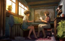 Rule 34 | 2girls, absurdres, aidenr0, bare legs, black hair, blue skirt, boat, brown hair, brown shirt, clenched teeth, commentary, compass rose, cup, day, english commentary, highres, holding, holding paintbrush, holding paper, indoors, light particles, looking at another, map, multiple girls, original, paintbrush, pants, pants rolled up, paper, parted lips, pillow, plant, potted plant, profile, shirt, short hair, short sleeves, sitting, skirt, sleeves rolled up, sunlight, teapot, teeth, watercraft, white pants, white shirt, window, windowsill, wooden wall