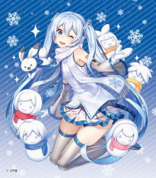 Rule 34 | 1girl, ;d, arm tattoo, blue background, blue eyes, blue hair, character request, detached sleeves, grey thighhighs, hair ornament, hatsune miku, kagamine len, kneeling, long hair, looking at viewer, megurine luka, mittens, one eye closed, open mouth, scarf, skirt, smile, snowflakes, snowman, solo, striped, striped background, taranboman, tattoo, thighhighs, twintails, very long hair, vocaloid, watermark, white mittens, white scarf, yuki miku