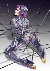 Rule 34 | 1girl, ballet boots, bdsm, bodysuit, bound, bound arms, bzs (kage no shinobu), commentary request, exoskeleton, full body, grey background, headgear, highres, impossible bodysuit, impossible clothes, looking at viewer, looking back, mecha musume, mechanical parts, mechanical spine, open mouth, original, purple hair, rebar, red eyes, restrained, shiny clothes, short hair, skin tight, skindentation, solo, string, teeth, upper teeth only