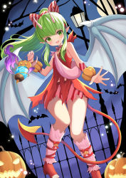 Rule 34 | 1girl, absurdres, bow, dragon wings, dress, fire emblem, fire emblem: mystery of the emblem, fire emblem heroes, green eyes, green hair, hair bow, hako momiji, halloween costume, highres, holding, jack-o&#039;-lantern, long hair, nintendo, open mouth, pointy ears, ponytail, short dress, solo, tiki (fire emblem), tiki (young) (fire emblem), wings