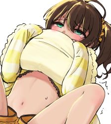 Rule 34 | ^^^, blush, brown hair, green eyes, hair ornament, hair scrunchie, hololive, hugging object, implied sex, jacket, long sleeves, lying, midriff, natsuiro matsuri, natsuiro matsuri (matsuri&#039;s day off), navel, on back, one side up, open clothes, open jacket, orange shorts, pillow, pillow hug, sabaku chitai, scrunchie, shorts, simple background, solo, stomach, striped clothes, striped jacket, tears, virtual youtuber, white background, yellow jacket