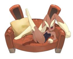 1girl animal_ears bare_shoulders black_leotard black_sclera blush body_fur breasts brown_fur collarbone colored_sclera couch creatures_(company) cushion furry furry_female game_freak gen_4_pokemon leather leotard lopunny lying mockingidplayer nintendo on_back on_couch playboy_bunny pokemon pokemon_(creature) rabbit_ears rabbit_girl small_breasts smile solo strapless strapless_leotard two-tone_fur