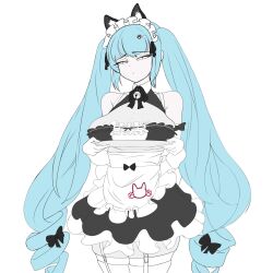 Rule 34 | 1girl, aludoru, animal ears, apron, black dress, blue hair, breasts, cat ears, dress, drill hair, elbow gloves, fake animal ears, gloves, goddess of victory: nikke, highres, holding, holding plate, large breasts, legwear garter, light blue hair, long hair, maid, maid headdress, neck bell, official alternate costume, paw hair ornament, plate, privaty (nikke), privaty (unkind maid) (nikke), solo, thighhighs, twin drills, twintails, unfinished, very long hair, white apron, white background, white gloves, white thighhighs