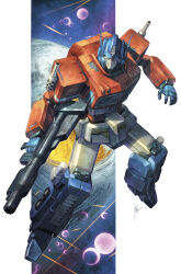 1boy autobot blue_eyes cybertron glowing glowing_eyes gun highres holding holding_weapon homare_(fool&#039;s_art) looking_at_viewer machinery mecha mecha_focus no_humans official_art open_hand optimus_prime optimus_prime_(skybound) planet robot science_fiction solo space transformers transformers:_generation_1 transformers_(skybound) weapon