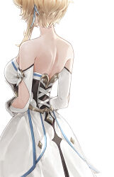 Rule 34 | 1girl, backless dress, backless outfit, blonde hair, breasts, cotta (heleif), detached sleeves, dress, feather hair ornament, feathers, from behind, genshin impact, hair ornament, highres, lumine (genshin impact), medium breasts, short hair with long locks, solo, white background, white dress, white sleeves