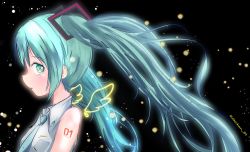 Rule 34 | 1girl, aqua eyes, aqua hair, aqua necktie, bare shoulders, black background, blurry, bokeh, character name, commentary, depth of field, drawn wings, floating hair, from side, grey shirt, hair ornament, hatsune miku, ichichan 39, long hair, looking at viewer, looking to the side, necktie, number tattoo, shirt, shoulder tattoo, sleeveless, sleeveless shirt, solo, symbol-only commentary, tattoo, twintails, twitter username, upper body, very long hair, vocaloid, wings