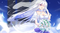 Rule 34 | 1girl, azur lane, blush, bouquet, breasts, bridal veil, choker, cleavage, collarbone, dress, enterprise (azur lane), enterprise (starlight oath) (azur lane), eternity (pixiv8012826), feathers, flower, large breasts, long hair, looking at viewer, one eye closed, open mouth, purple eyes, silver hair, smile, solo, strapless, strapless dress, tears, veil, wedding dress, white dress