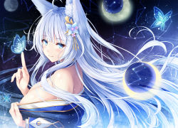 Rule 34 | 1girl, akashio (loli ace), animal ear fluff, animal ears, azur lane, bare shoulders, blue butterfly, blue dress, blue eyes, breasts, bug, butterfly, butterfly on hand, cleavage, clothes pull, constellation, crescent moon, dress, dress pull, fox ears, hair ornament, highres, insect, kitsune, large breasts, long hair, looking at viewer, moon, pulling own clothes, shinano (azur lane), shinano (dreams of the hazy moon) (azur lane), sky, smile, solo, star (sky), starry sky, upper body, very long hair, white hair
