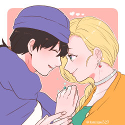 Rule 34 | 1boy, 1girl, bianca (dq5), black hair, blonde hair, blush, border, bracelet, braid, cape, cloak, closed eyes, closed mouth, commentary request, couple, dragon quest, dragon quest v, dress, earrings, facing another, forehead-to-forehead, from side, green dress, heads together, heart, hero (dq5), jewelry, long hair, looking at another, low ponytail, neck ring, orange cape, outside border, parted lips, purple cloak, purple turban, ring, single braid, smile, sparkle, tsunao527, tunic, turban, twitter username, upper body, white border, white tunic