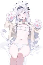 Rule 34 | 1girl, absurdres, alternate costume, animal ears, animal hands, bare legs, bed sheet, bikini, black hairband, blue archive, blush, breasts, cat ears, cat tail, earclip, eyepatch bikini, feet out of frame, flower, gloves, grey hair, hair flower, hair ornament, hair tubes, hairband, halo, highres, himari (blue archive), jacket, long hair, looking at viewer, meunhongcha, mole, mole under eye, navel, open mouth, panties, paw gloves, pointy ears, sidelocks, simple background, sitting, small breasts, smile, solo, stomach, swimsuit, tail, underwear, very long hair, white background, white bikini, white jacket