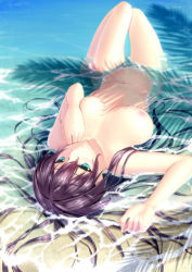 Rule 34 | 1girl, beach, breasts, brown hair, completely nude, covering one breast, covering privates, green eyes, kai (link2262), large breasts, long hair, lying, navel, nipples, nude, ocean, on back, original, outdoors, partially submerged, purple hair, shadow, solo, water
