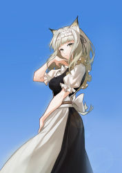 Rule 34 | 1girl, absurdres, animal ears, apron, arknights, black dress, black ribbon, blue sky, blunt bangs, cat ears, closed mouth, commentary, day, dress, feet out of frame, graykn, grey eyes, grey hair, hair ribbon, hand up, highres, kal&#039;tsit (arknights), lens flare, light particles, looking at viewer, maid, maid apron, maid headdress, medium hair, official alternate costume, outdoors, puffy short sleeves, puffy sleeves, ribbon, short sleeves, sky, solo, white apron