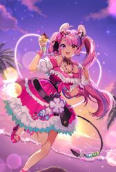 Rule 34 | 1girl, ahoge, aki hoshino, animal ears, artist name, beach, bead anklet, bead bracelet, bead necklace, beads, bell, bracelet, bubi (ironmouse), choker, creature on head, demon girl, demon horns, demon tail, dress, fang, food, frilled dress, frilled sleeves, frilled wrist cuffs, frills, heart, heart ahoge, heterochromia, highres, holding, holding food, holding spoon, horns, ironmouse, jewelry, jingle bell, lace, lace choker, leg up, lens flare, long hair, looking at viewer, mouse ears, multicolored hair, necklace, off-shoulder dress, off shoulder, official alternate costume, open mouth, palm tree, parfait, pink dress, pink eyes, pink footwear, pink hair, pink nails, platform footwear, pointy ears, pudding, puffy short sleeves, puffy sleeves, purple hair, purple nails, red eyes, sandals, short sleeves, skin fang, smile, solo, sparkle, spoon, streaked hair, sunset, tail, tan, teeth, tree, twintails, upper teeth only, very long hair, vshojo, white horns, wrist cuffs