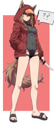 Rule 34 | 1girl, ?, absurdres, alternate hair color, animal ears, arknights, bare legs, black footwear, black leotard, breasts, brown hair, closed mouth, commentary, covered navel, ears through headwear, expressionless, full body, hair between eyes, hand in pocket, highres, holding, holding knife, hood, hood up, hooded jacket, jacket, knife, leotard, long hair, looking at viewer, medium breasts, open clothes, open jacket, outline, projekt red (arknights), red background, red jacket, samacho, sandals, simple background, solo, spoken question mark, standing, tail, thigh strap, turtleneck, unzipped, visor cap, white outline, wolf ears, wolf girl, wolf tail, yellow eyes