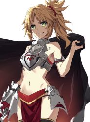 Rule 34 | 1girl, armor, bare shoulders, blonde hair, braid, breastplate, breasts, unworn cloak, collar, fate/apocrypha, fate (series), faulds, french braid, green eyes, grin, hair ornament, hair scrunchie, highres, long hair, looking at viewer, metal collar, mordred (fate), mordred (fate/apocrypha), navel, parted bangs, pelvic curtain, ponytail, red scrunchie, scrunchie, sidelocks, simple background, small breasts, smile, solo, stomach, thighs, tonee, white background