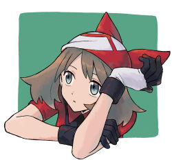 1girl absurdres bandana blue_eyes border brown_hair closed_mouth creatures_(company) game_freak gloves green_background grey_eyes head_rest highres ittumozzz may_(pokemon) medium_hair nintendo outside_border parted_lips pokemon pokemon_rse red_bandana red_shirt shirt short_sleeves solo white_border white_gloves