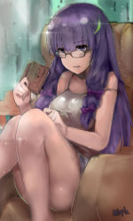 Rule 34 | 1girl, artist name, bad id, bad pixiv id, bare legs, bespectacled, blunt bangs, blush, book, bow, couch, eyebrows, glasses, hair bow, hair ribbon, highres, knees up, long hair, looking at viewer, martin (minipiz), open mouth, patchouli knowledge, purple bow, purple hair, ribbon, signature, sitting, solo, sparkle, strap slip, touhou, tress ribbon