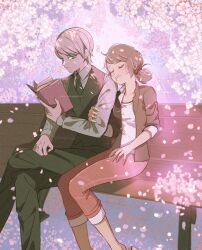 Rule 34 | 1boy, 1girl, black jacket, black necktie, black vest, blazer, blonde hair, book, brown hair, cherry blossoms, closed mouth, felix (miraculous ladybug), green eyes, highres, holding, holding book, jacket, jewelry, looking at another, marinette dupain-cheng, miraculous ladybug, necktie, open clothes, open jacket, pants, pink pants, ring, seio (nao miragggcc45), shirt, short twintails, sitting, sleeping, twintails, vest, white shirt