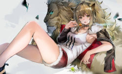 Rule 34 | 1girl, absurdres, animal ear fluff, animal ears, arknights, bare legs, black choker, black jacket, breasts, brown eyes, brown hair, candy, choker, cleavage, commentary, cutoffs, fang, feet out of frame, food, grey background, hand up, highres, holding, holding food, jacket, knee up, large breasts, lion, lion ears, lollipop, long hair, long sleeves, looking at viewer, open mouth, reclining, red shorts, rota (078), short shorts, shorts, sidelocks, siege (arknights), tank top, thighs, white tank top