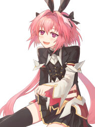 Rule 34 | 1boy, absurdres, astolfo (fate), astolfo (saber) (fate), black bow, black ribbon, black skirt, black thighhighs, blush, bow, bowtie, clothes lift, fang, fate/grand order, fate (series), hair bow, hair intakes, hair ribbon, highres, kumo955, lifting own clothes, long hair, long sleeves, looking at viewer, male focus, multicolored hair, open mouth, pink hair, purple eyes, ribbon, skin fang, skirt, skirt lift, smile, solo, streaked hair, thighhighs, trap, twintails, white hair, wing collar