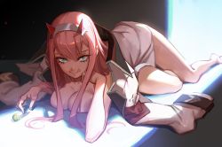 Rule 34 | 10s, 1girl, :q, backlighting, bad id, bad twitter id, barefoot, breasts, candy, coat, darling in the franxx, eyeliner, food, green eyes, hairband, head rest, highres, horns, jacket, jacket on shoulders, jimbobox, lollipop, long hair, looking at viewer, lying, makeup, medium breasts, naked coat, pink hair, sidelocks, solo, tongue, tongue out, zero two (darling in the franxx)