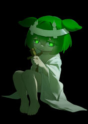 Rule 34 | 1girl, :3, absurdres, animal ears, barefoot, black background, bottomless, candle, commentary request, doll, double-parted bangs, feitohi, full body, furrowed brow, glowing, glowing eyes, green eyes, green hair, hair between eyes, hashihime, headband, highres, holding, holding doll, japanese clothes, kimono, legs together, looking at viewer, pea pod, shakai kouken ganbaru no da!!., short hair, simple background, single off shoulder, sitting, solo, straw doll, translated, voicevox, white headband, white kimono, zundamon