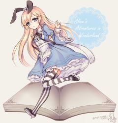 Rule 34 | 1girl, alice (alice in wonderland), alice in wonderland, animal ears, artist name, blonde hair, blue eyes, book, copyright name, english text, long hair, open book, rabbit ears, signature, solo, striped clothes, striped thighhighs, thighhighs, tsukikage nemu, twitter username