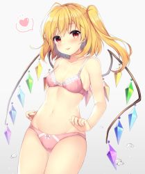Rule 34 | 1girl, :p, blonde hair, blush, bow, bow bra, bow panties, bra, breasts, commentary request, cowboy shot, crystal, flandre scarlet, grey background, hair between eyes, heart, highres, looking at viewer, no headwear, one side up, outside border, panties, pink bra, pink panties, red eyes, ruhika, shirt, simple background, small breasts, smile, solo, spoken heart, standing, thighs, tongue, tongue out, touhou, underwear, underwear only, vest, white background, white shirt, wings