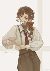Rule 34 | 1girl, absurdres, artist name, bow, braces, brown eyes, brown hair, brown pants, collared shirt, cowboy shot, curly hair, dated, hair bow, hair over shoulder, highres, holding, holding paper, light brown background, long hair, long sleeves, looking at viewer, low ponytail, necktie, pants, paper, parted lips, puffy long sleeves, puffy sleeves, red bow, red necktie, reverse:1999, shirt, signature, solo, suspenders, tooth fairy (reverse:1999), weibo logo, weibo watermark, white shirt, xiaoji chuangzao